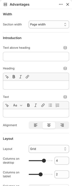 Advantages settings in the Shopify theme editor