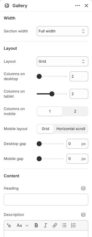 Gallery settings in the Shopify theme editor