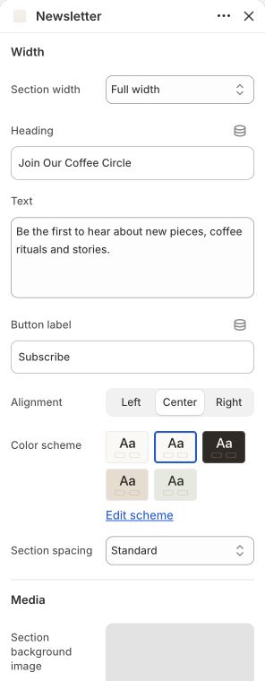 Newsletter settings in the Shopify theme editor